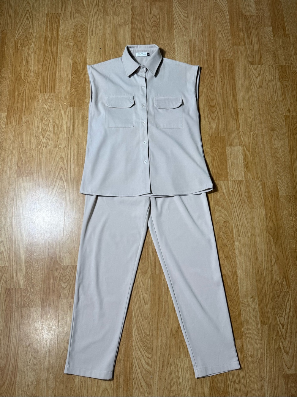 Sleeveless Pocket Shirt & Tailored Pants Set - Light Beige - Size S